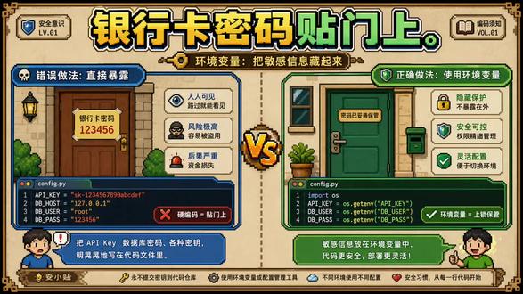 密码为什么不能写在代码里? 把银行卡密码贴在大门上,你不会这么干,但很多程序员却把API Key、数据库密码明晃晃写在代码里上传到GitHub,等于把密码贴到了全世界最大的公告栏。这期我们用一张白板把这件事彻底讲透:为什么密码不能写在代码里?环境变量到底是什么?线上和本地环境之间藏着多少坑?以及,现在用AI帮你写代码,只要一句话就能让它自动避开泄漏密码的大雷。环境变量就像只给代码一个保险箱编号,真密码锁在操作系统里,本地用测试密码,线上注入生产密码,代码同一份,安全隔离开。养成这个习惯,能堵住九成初级泄漏漏洞,值得收藏反复提醒自己。#环境变量 #API安全 #编程习惯 #开发者必看 #硬编码风险