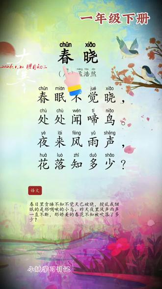《春晓》一年级下册背诵古诗,《春晓》唐孟浩然,春晓古诗翻译讲解!#小学必背古诗 #一年级下册语文 #古诗 #幼小衔接 #国学文化
