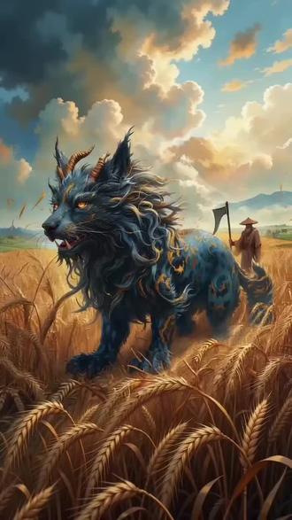 狡(jiǎo) :记载于《山海经·西山经》:“又西三百五十里,曰玉山……有兽焉,其状如犬而豹文,其角如牛,其名曰狡,其音如吠犬,见则其国大穰。”
狡栖息在西王母所在的玉山,是上古公认的丰年吉兆。