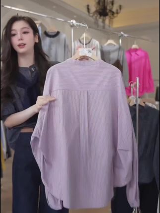 欧洲站2025早秋新款欧货时尚竖条纹蝙蝠袖衬衫女春秋宽松衬衣上衣#简约时尚穿搭 #高级感穿搭 #简约穿搭 #穿搭分享 #随性穿搭