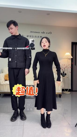 配大衣内搭长袖小个子连衣裙女秋冬中长款气质百搭显瘦打底毛衣裙 #春季新品 #羊绒穿搭 #丝绒裙 #服装测评 #搭配技巧