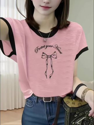 竹节棉短袖T恤 100%竹节棉撞色短袖洋气T恤夏季时尚新款宽松减龄印花上衣#百搭上衣 #百搭t恤 #休闲穿搭 #夏季穿搭 #竹节棉t恤