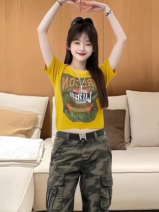 #好穿时尚#视频推荐#今年流行辣妹短袖打底T恤女夏季2025新款欧美风短款印花高腰上衣