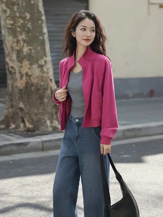 松弛感时尚休闲立领外套春秋款多巴胺高级感基础简约华夫格上衣女 #美搭尽显女神范 #松弛感穿搭 #优雅气质 #穿搭我是认真的 #街拍小姐姐穿搭秀