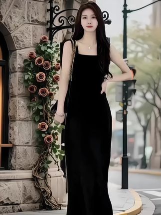 气质高级感黑色吊带连衣裙女装夏天高端高贵小个子海边度假风长裙