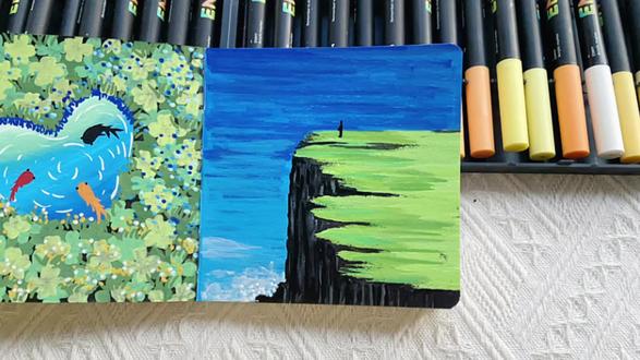 丙烯马克笔·崖壁·风景画 海边崖壁#零基础学画画 #丙烯马克笔 #跟着抖音学画画 #自学画画打卡 #这画是用了亿点点魔法吧