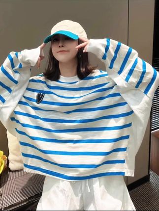撞色条纹长袖T恤女2025早秋新款时尚洋气休闲百搭上衣#潮流穿搭