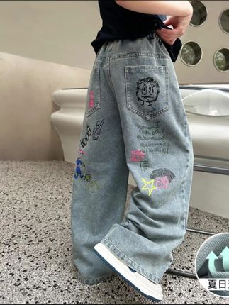 男童夏装裤子2025新款大童夏天软牛仔夏季薄款儿童阔腿直筒防蚊裤#夏季穿搭#牛仔裤#男童裤子#百搭裤子#直筒裤