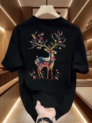 美式痞帅重磅纯棉短袖-梅花鹿-青年男女潮牌宽松百搭圆领印花上衣
