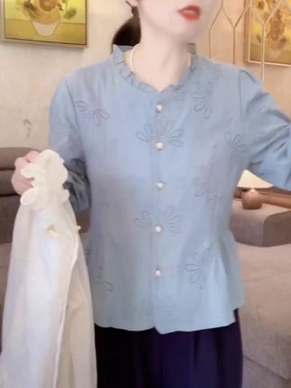 100%纯棉法式圆领衬衫女2025早秋新款显瘦减龄宽松遮肚百搭上衣潮