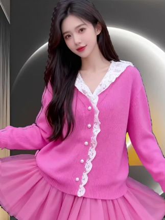 早秋新款温柔风蕾丝花边连帽针织衫拼接长袖上衣#甜美穿搭 #针织衫 #减龄气质 #针织毛衣 #秋冬穿搭