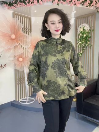 墨绿牡丹花国风衬衣#哈尔滨小薇服饰 #国风穿搭 #面料柔软舒适 #秋装新款搭配 #时尚穿搭