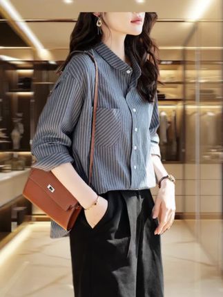 大码女装条纹长袖衬衫女2025年新款春秋衬衣口袋条纹百搭减龄上衣#长袖衬衫#条纹衬衫 #早秋新款女装 #穿出自己的风格 #穿出自信穿出美丽