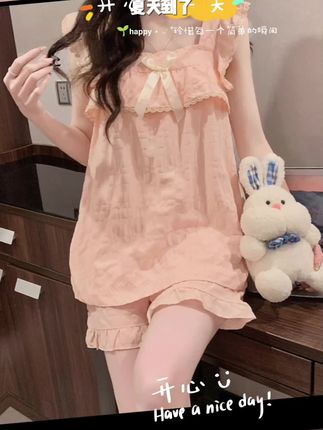 公主风睡衣女夏季带胸垫吊带短裤甜美花边粉色宽松睡衣家居服套装