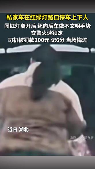 私家车在路口停车上下人,闯红灯离开后,还向后车做不文明手势,交警火速锁定,司机被罚款200元,记6分 当场悔过#交通安全