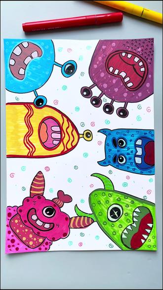 重生之我在抖音学画画|第十九集:小怪兽#简笔画 #马克笔绘画 #幼儿美术 #跟着抖音学画画 #绘画教程