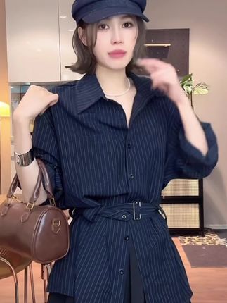 瑞丽风暗系条纹衬衫系带长袖黑色网纱半裙套装 #优雅套装女#黑色网纱裙#条纹衬衫 #遮肉套裙#显高显瘦显气质