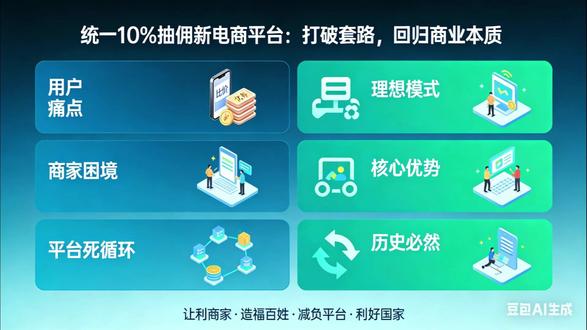 统一只收10%抽佣的新电商平台,理应出现! 1. 电商乱象丛生,多方皆受困|当前电商套路泛滥,百姓、商家、平台均陷入困境
2. 用户遭大数据杀熟,处处被算计|老新用户同价失效,先涨后减,消费不透明
3. 商家高抽成内卷,越卖越亏|大品牌巨亏,小商家无流量、无曝光、无生意
4. 平台恶性竞争,陷入死循环|不搞活动、补贴就失客,运营成本高、利润薄
5. 乱象根源:恶性价格战是核心|价格战致降品质、缺创新、社会成本飙升
6. 理想模式:10% 抽成 + 0 套路公平|全平台统一抽成,定价稳定,新老用户同价
7. 趋势所向:新平台理应出现|让利商家、造福百姓,降低社会交易成本
#新电商平台 #电商去套路化 #商家低抽成时代 #拒绝大数据杀熟 #实体经济电商化