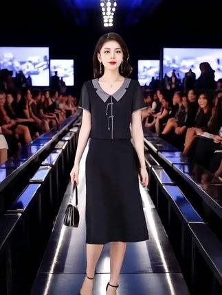 这套深蓝色套装,尽显优雅干练气质。上衣采用V领娃娃领拼接设计,娃娃领的灰色与主体深蓝色形成色彩对比,增添层次感与俏皮感,领口处精致的盘扣装饰,带来一丝古典韵味;短袖设计利落大方,适合多种场合。 下装是一条同色系中长裙,自然垂坠的裙摆修饰腿部线条,整体版型包容不同身材。搭配黑色细高跟凉鞋和精致的手提包,无论是职场通勤、商务洽谈还是正式社交场合,都能轻松驾驭,彰显出穿着者的优雅品味与自信风采。