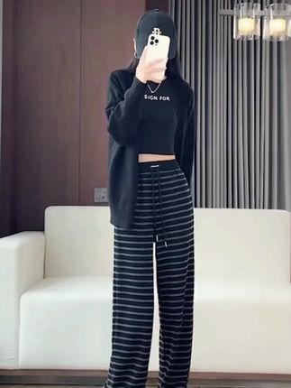 2025春秋古针织流行条纹窄版阔腿裤女松紧腰显瘦显高直筒休闲裤cigh@DOU+上热门 gingxcj@DOU+小助手