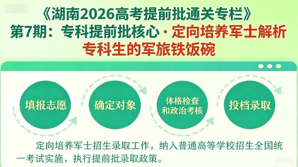 《湖南2026高考提前批通关专栏》第7期:专科定向培养军士 在前六期专栏中,我们完整梳理了本科提前批军警、定向编制、名校捡漏、艺术类全部赛道,本期正式切入专科提前批核心赛道——定向培养军士,结合湖南省征兵办2026年全套官方招录文件、完整招生计划、体检政审标准、培养淘汰规则、薪资资助政策,做1:1严谨拆解,全文政策、数据、流程全部对标官方文件。
#定向士官报考流程 #军考报考条件 #军校招生改革 #军校培养方向选择 #专业报考指南