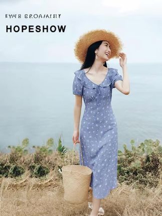 红袖2025夏女装 正肩泡泡袖收腰V领仿牛仔碎花连衣裙90125151604#热卖款