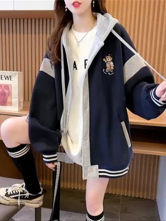 拼色连帽设计感薄款开衫卫衣女春秋季新款韩版宽松大码棒球服外套