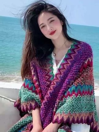 民族风披肩外搭女新款拼色秋冬季时尚云南旅游围巾两用斗篷毛毯潮#民族风披肩 #斗篷披肩 #围巾