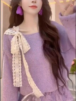 法式甜美蕾丝蝴蝶结镂空#针织衫 女秋季大码胖MM宽松遮肚设计感#上衣