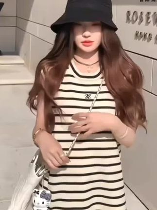 孕妇连衣裙夏季新款时尚韩版洋气小个子中长款显瘦条纹针织背心裙#暑假出游穿搭