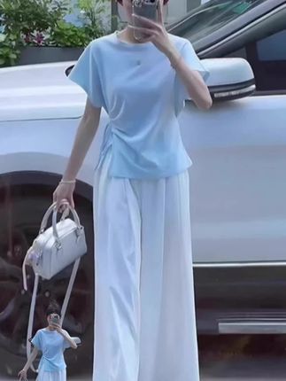 #微胖巨好看的两件套设计感小众多巴胺蓝色圆领短袖T恤阔腿裤套装#好物推荐🔥 #爆款热卖中 #抖音小助手#大数据推荐给有需要的人