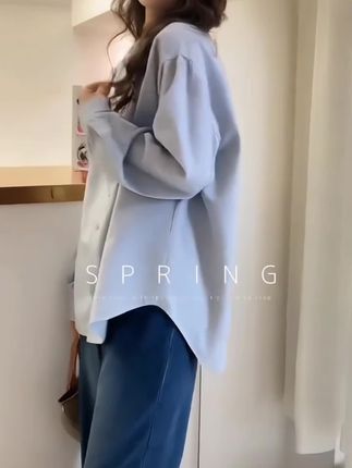 纯棉设计感双排扣圆领长袖衬衫女春装新款宽松显瘦气质不规则上衣#爆款热卖中