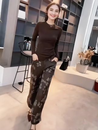 女士时尚洋气提花百搭牛仔裤高腰显瘦阔腿裤简单大气