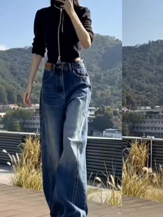 深蓝色复古牛仔裤女夏季新款镰刀设计宽松弯刀阔腿高个子拖地长裤