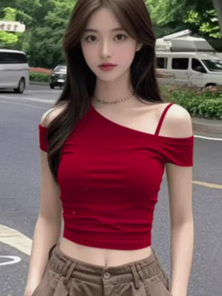 辣妹斜领露肩设计感红色短袖t恤女夏季新款修身显瘦短款露脐上衣   #这也太好看了   #好身材好气质   #辣妹短袖   #时尚短袖   #好看的衣服都在这里