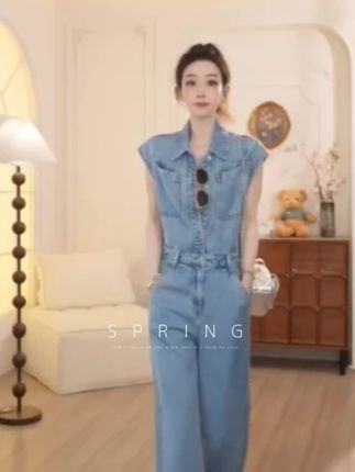 韩版潮流时尚牛仔连体裤女2025年夏季新款小众设计感休闲直筒裤潮】