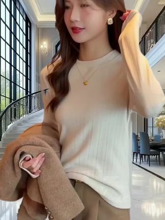 新款椰绒肌理圆领打底衫女内搭春秋冬长袖t恤#打底衫 #长袖上衣 #圆领打底衫 #长袖t恤