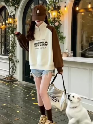 #半拉链卫衣#女2025新款春秋宽松薄款polo领小个子撞色上衣外套#减龄显瘦穿搭 #休闲减龄穿搭 #舒适百搭卫衣