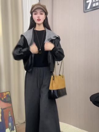 早秋新款设计感海军领皮衣夹克女休闲显瘦短款外套#时尚#爆款#新款#百搭#潮流