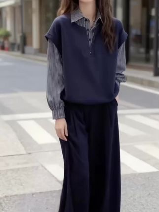秋季大码女装胖MM独特漂亮假两件拼接格子长袖衬衫女宽松慵懒上衣#每日分享 #减龄显瘦穿搭 #减龄气质 #春秋穿搭 #时尚潮流穿搭