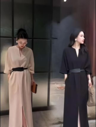 拉夏贝尔时尚V领连衣裙女2025秋季新款显瘦插肩裙中长款直筒裙潮#裙子#中长款连衣裙#插肩裙#秋季新款#连衣裙@抖加🔥上热门🔥dou+🔥热点宝