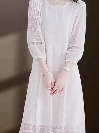 白色优雅连衣裙女装2025夏季新款气质防透刺绣中长直筒大码裙子