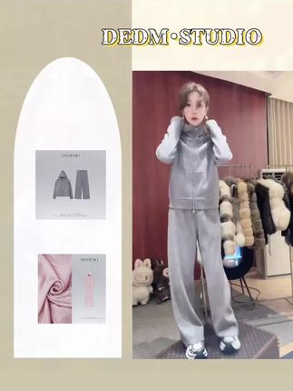 美美精选穿搭#DEDM•STUDIO/小众重工烫钻拉链款卫衣外套+长裤套装