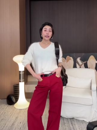 新款定染复古正红宽松百搭休闲直筒显瘦牛仔裤#牛仔裤 #强烈推荐 #高级感穿搭 #轻奢女装 #王王王大头