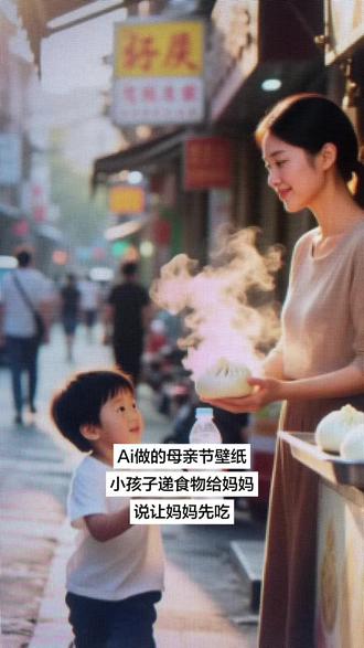 Ai做的母亲节,小孩子说让妈妈先吃。非常懂事的孩子。#ai #ai图 #母亲节 #ai作图 #懂事的孩子