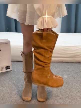 贾不假美拉德堆堆靴女2025新款秋季小个子卡其色靴子废土风长筒靴#时尚美鞋 #女神必备