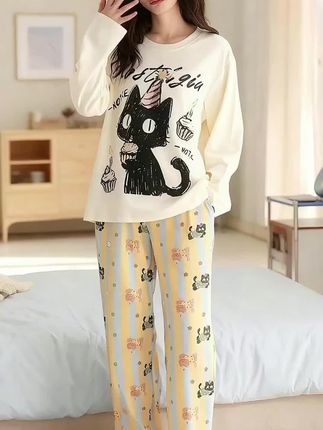 芬腾可安长袖睡衣女春秋带胸垫纯棉加厚可爱猫条纹裤套装家居服冬#家居服套装 #好物推荐🔥 #宅家睡衣秀 #睡衣家居服 #面料柔软细腻