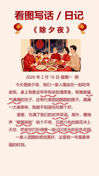 看图写话/寒假日记之《除夕夜》 用排比句把美食写丰富,用比喻句把烟花写生动,再加入几个吉祥的四字词语,既有年味又有文采,赶紧收藏!#春节 #除夕 #排比句 #看图写话 #日记