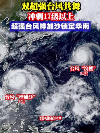 #台风 #台风最新消息台风实时路径 #台风桦加沙 #台风浣熊 #17级超强台风 台风“桦加沙”和“浣熊”加强为超强台风,在西北太平洋形成双台风共舞局面,台风“桦加沙”锁定华南,直奔广东,将给多省市带来较大风雨影响!