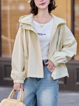 蓝色多巴胺短外套女2025新款春装休闲宽松冲锋衣夹克漂亮连帽上衣